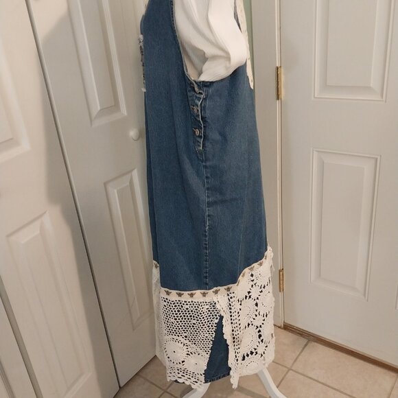 3645 Size 1XL Upcycled Denim Jumper by Sunshine Apparel with Lace Trim. - Picture 8 of 15